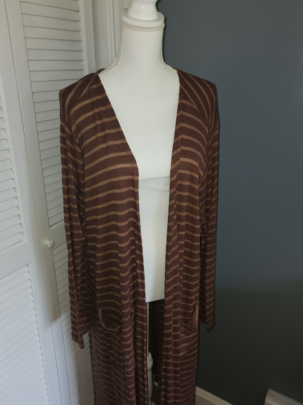 LuLaRoe Brown & Tan Striped Long Duster Cardigan XL